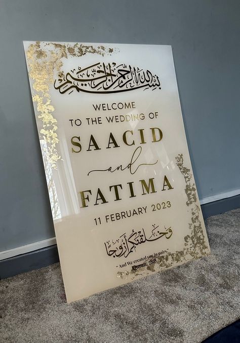 This is a beautiful acrylic wedding welcome sign which has been personalised with Arabic calligraphy. The sign can be used as a nikkah sign, engagement sign or as a general welcome sign for your wedding. The sign is made from high quality 3mm acrylic.    💍 - This wedding welcome sign is the perfect way to greet your guests as they arrive at your big day! Made from high-quality acrylic, features a modern design. It can be personalised with your names and wedding date, making it a unique addition to your wedding decor.    💍 - Exclusively designed and hand-finished by us to create a beautiful and personal welcome to your occasion.    💍 - Add a touch of elegance to your wedding day with our Wedding Welcome Sign. Made from high-quality acrylic, this sign is sure to impress guests as they arr Wedding Welcome Sign Islamic, Katib Kitab, Nikkah Decor, Nikkah Contract, Acrylic Wedding Welcome Sign, Islam Peace, Engagement Signs, Wedding Welcome Board, Welcome Signs Front Door