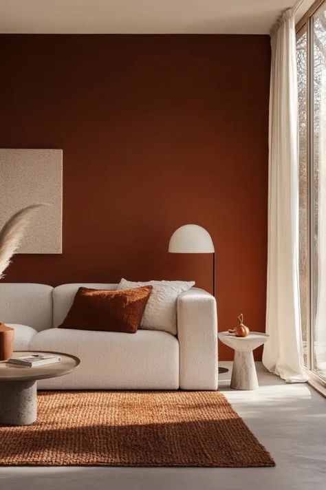 Top 7 Accent Wall Colors for a Cozy Fall Living Room Burnt Orange Paint Walls, Cinnamon Wall Color, Dark Rust Paint Color, Best Rust Paint Colors, Rust Color Accent Wall, Room Paint Color Ideas, Burnt Orange Walls Living Room, Terracotta Living Room Walls, Cognac Paint Color