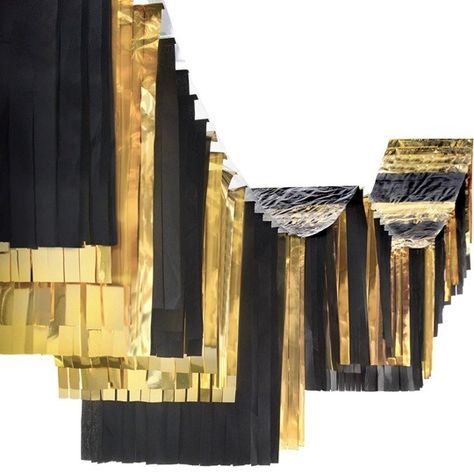 Black and Gold Fringe Ceiling Drape Fringe Ceiling, Black And Gold Party Decorations, Parade Float Supplies, Masquerade Party Decorations, Speakeasy Party, Floating Decorations, Shabby Chic Theme, Gold Party Decorations, Gold Ceiling