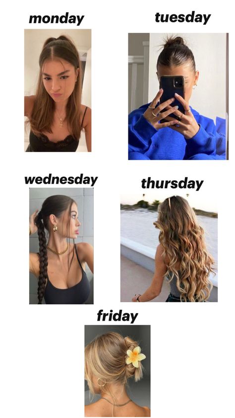 (NOT MY PHOTOS) Hairstyles Of The Week For School, Comfy School Hairstyles, 7 Days Of Hairstyles, Week Of Hairstyles For School, Hairstyles For Pajama Day At School, Day Of The Week Hairstyles, Week Hairstyles Ideas, Days Of The Week Hairstyles, Weekday Hairstyles