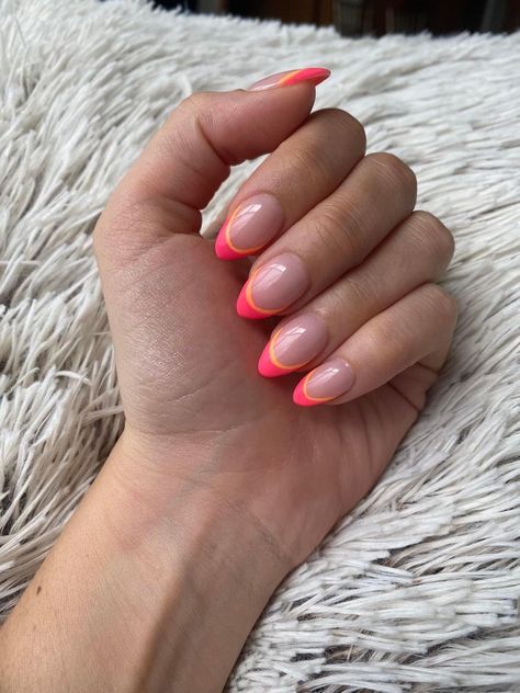 Short Almond Acrylic Nails Colorful, Nails Oval Shape Summer, Fun Pink French Tip Nails, Bright French Tips Almond, Short Almond Nails Colored French Tip, Pink And Organs Nails, Preppy Nail French Tip, Cute Color French Tip Nails, Almost Shaped Nails