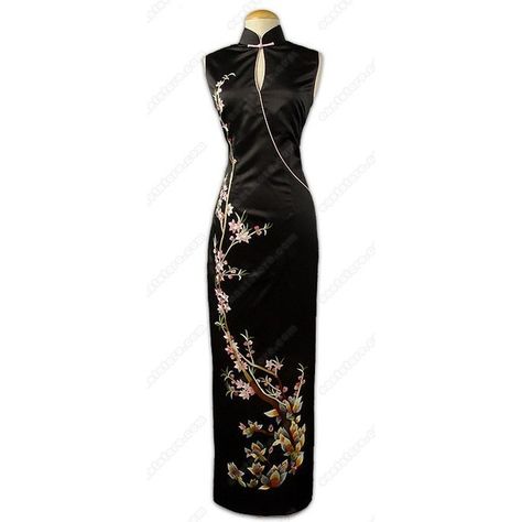 Elegant Yulan and Peachblossom Embroidered Silk Cheongsam ❤ liked on Polyvore featuring dresses, kimono, qipao dress, silk kimono, black dress, black silk dress and black kimono Black Kimono Dress, Ankle Length Dresses, Moda China, Mandarin Dress, Silk Kimono Dress, Sleeveless Kimono, Techwear Fashion, Chinese Style Dress, Black Embroidered Dress