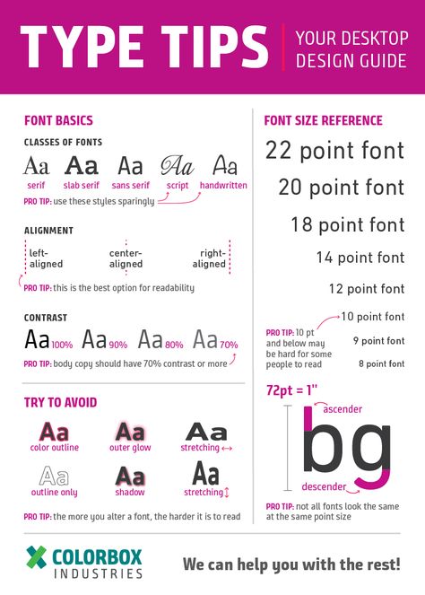 Type tips, desk design guide Basic typography, alignment and contrast, type best practices, font size guide, things to avoid. Design, graphic design, for all. Colorbox Industries. Serif, Slab Serif, Sans Serif, script, handwritten. File Types Graphic Design, Typography In Graphic Design, Typography Tips And Tricks, Graphic Design Tips Cheat Sheets, How To Guide Design Layout, Typography For Websites, Custom Typography Design, Graphic Design Guide, Typography Alignment