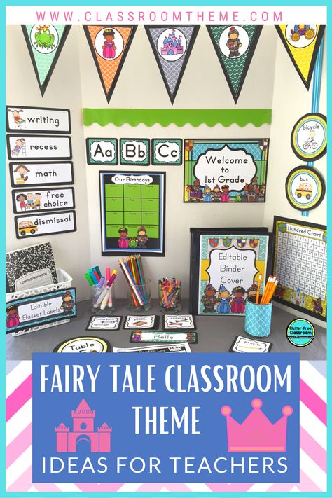 A fairy tale classroom theme is colorful and whimsical, just like the stories included in this genre.Teachers love this theme because they have the flexibility to choose if they want to create a nature-inspired learning environment with a setting in a forest with flowers and lots of sunshine or one that has a more modern feel with watercolor or pastel colors. They can customize it to what they envision for their classroom!This theme works for both lower and upper elementary students. Fairy Tale Theme Classroom, Fairy Tale Classroom Theme, Fairy Tale Classroom, Genre Activities, Classroom Decor Ideas, Clutter Free Classroom, Basket Labels, Fairy Tale Theme, Printable Classroom Decor