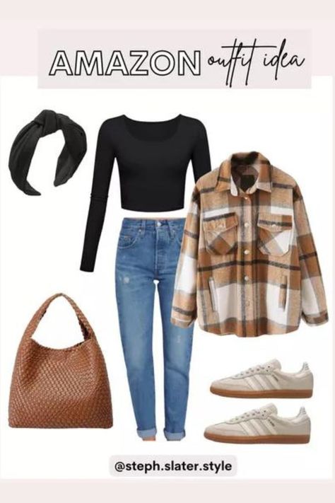 Plaid Shacket Outfit for Women. Amazon Fall Outfits! Brown Plaid Jacket Outfit, Plaid Shacket Outfit, Amazon Fall Outfits, Shacket Outfit Women, Plaid Jacket Outfit, Casual Fall Outfits For Women, Casual Thanksgiving Outfits, Shacket Outfit, Fall Outfits For Women