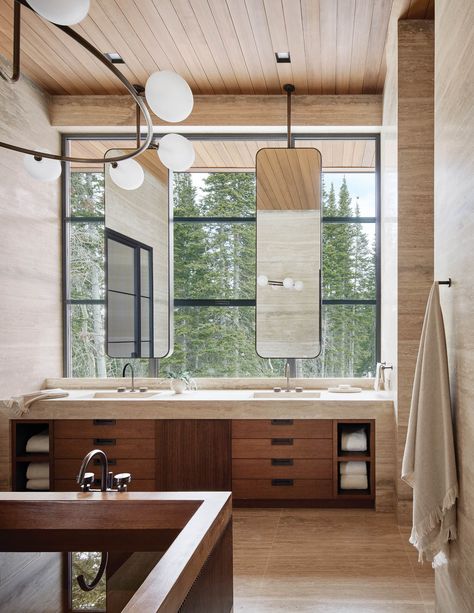 This Park City Property Boasts Stunning Views and Elevated Amenities - Interior Design Travertine Bathroom Design, Elegant Bathroom Decor Ideas, Wood Tub, Elegant Bathroom Decor, Floating Fireplace, Primary Suite, Suite Bathroom, Ski House, Showroom Interior Design