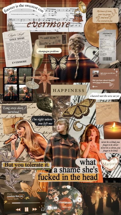 Evermore Taylor Swift collage wallpaper Wonderland Taylor Swift, Taylor Swift Playlist, Taylor Swift Party, Swift Wallpaper, Taylor Swift Tour Outfits, Gilmore Girl, Music Collage, Swift Tour, Taylor Swift Posters