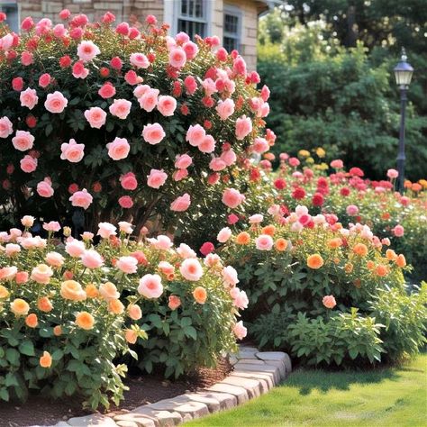 Landscaping Roses Front Yards, Rose And Vegetable Garden, Royal Jubilee Rose, Rose Bush Garden Ideas, Rose Garden Landscape Front Yards, Modern Rose Garden, Rose Bushes In Front Of House, Front Yard Roses Landscaping Ideas, Rose Beds Garden Ideas