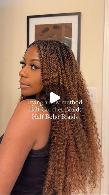 Claire Adekanye | Natural Hair on Instagram: "Trying this new method…
Did I do something different?! If you try this out tag me so I can see the results. 

Hair used is linked in my Amazon storefront 🫶🏾

Now I’m not a braider so don’t judge too hard lol but hear me out this method could actually be a hit this summer. Why? 🫶🏾less braiding, less time doing your hair. I crochet the back of my hair and then did boho knotless braids in the front. My final step was using perm rods and dipped my braiding hair. 

Pros:
-Less time braiding.
-If you aren’t a pro braider like me you can get away with braids not being as neat (the deep wave curls will camouflage your imperfections lol) 😂 

My takeaway: I would suggest you DON’T start your braids half way but a lil past the halfway point of your h Crochet Braid Tutorial, Half Knotless Half Sew In, Boho Knotless Braids Crochet, Crochet And Braids Hairstyles, Half Up Half Down Crochet Braids, Half Box Braids Half Sew In Weave, Deep Wave Boho Braids, Braided Front Crochet Back Hairstyles, Weave And Braids Hairstyles