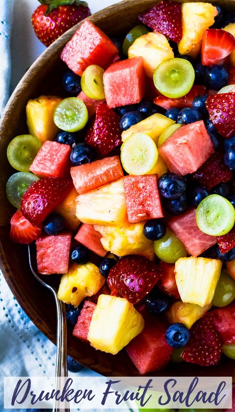 Sangria Fruit Salad, Boozy Fruit Recipes, Fruit Salad With Watermelon, Drunken Fruit, Alcohol Soaked Fruit, Alcoholic Fruit, Fruit Cocktail Salad, Boozy Punch, Boozy Food