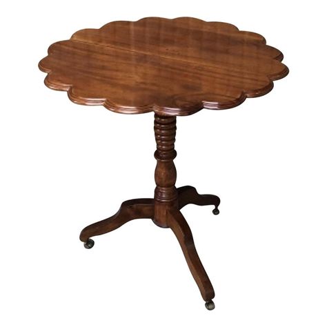 Vintage English round candle-stand side table with a scalloped-edge pie crust top on a beautifully carved twisted tripodal base with castors.   Product Information:  Materials: Walnut  Dimensions: 27” W x 27” D x 25.5” H  Style: English Traditional   Condition: Very good vintage condition. Minor surface wear consistent with age and use. Structurally sound.  Shipping: $550 (to continental U.S.)  About Us: We curate antique, vintage and high-end, gently-used home furnishings sourced from some of t Vintage Side Table Round, Circle Bedside Table, Antique Round Table, English Pie, Cottage Homestead, Rabbit Cottage, Cottage Side Table, Pie Crust Table, Texas Apartment