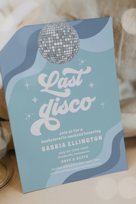 Blue Retro Last Disco Bachelorette Party Invitation Blue And Silver Disco Party, Abba Hens Party, Disco And Denim Party, Disco Ball Party Invitation, Blue Disco Bachelorette, Ball Invitation Design, Bachelorette Party Themes Blue, Denim And Disco Theme, Bachelorette Party Themes Disco