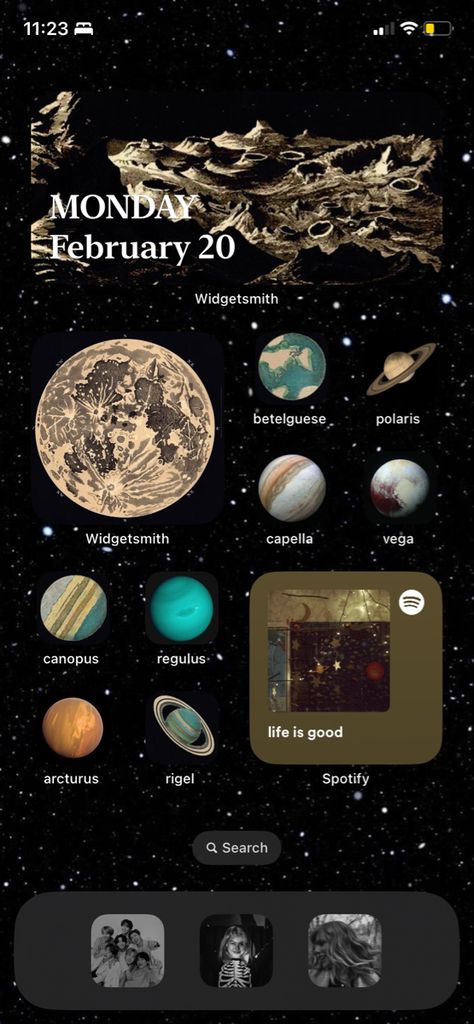 Ios Space Wallpaper, Space Theme Widgets, Music Themed Phone Layout, Aesthetic Space Widgets, Star Ios Theme, Space Phone Theme Icons, Space Themed Wallpaper Iphone Aesthetic, Astrology Homescreen Layout, Galaxy Homescreen Layout