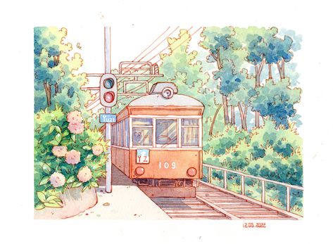 Watercolor Landscape Illustration, Watercolor Ink Illustration, Watercolor Book Painting, Cute Watercolor Illustration, Watercolor Illustration Ideas, Art Inspo Painting, Ghibli Watercolor, Watercolor Art Cute, Cute Illustration Art