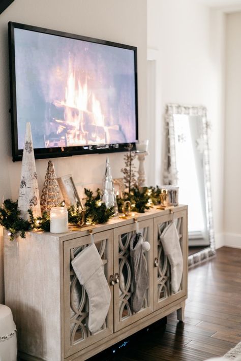 Christmas Holiday Home Decor | Home for the Holidays Tv Console Xmas Decor, Christmas Tv Stand Decor Living Rooms, How To Decorate Tv Stand, Entertainment Center Christmas Decor, Christmas Buffet Decor, Tv Christmas Decor, Decorate Tv Stand, Christmas Console Table Decor, Tv Stand Christmas Decor