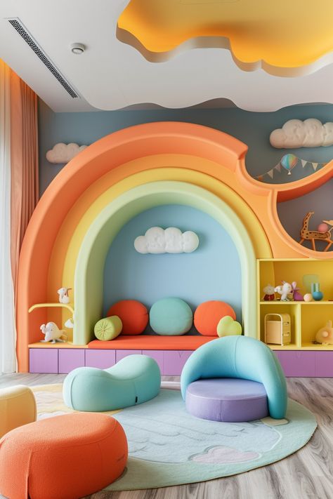 Rainbow Playroom Ideas, Rainbow Bedroom Ideas, Whimsical Playroom, Rainbow Shelves, Rainbow Interior, Climbing Structure, Shaped Shelves, Rainbow Playroom, Indoor Playroom