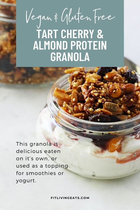 Try this vegan and gluten-free tart cherry and almond protein granola if you're looking for a snack to have on hand that is healthy and delicious. The recipe makes a big batch and would be a great gift to family, friends or coworkers. Get the recipe here >> https://www.fitlivingeats.com/tart-cherry-almond-protein-granola-vegangluten-free #granolarecipe #healthysnack #vegan #glutenfree Protein Granola Recipe, Tart Cherries Recipes, Oatmeal Diet Plan, Granola Recipe Healthy, Protein Granola, Healthy Granola, Healthy Granola Bars, Quick Meal Prep, Almond Granola