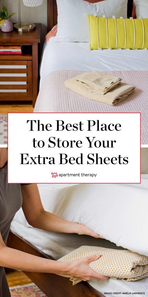 The best place to store your extra bed sheets? The bed itself. The space between your mattress and your bedroom is an under utilized storage spot. All you have to do is fold those sheets and tuck them in. This space saving solution is that easy. Storing Bed Sheets Ideas, Bed Sheet Storage, Sheet Storage, Organized Bed, Mattress Storage, Clothes Organization Diy, Linen Storage, Old Mattress, Extra Bed