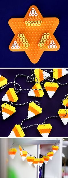 Halloween DIYs to Make When You’re Bored - DIY Candy Corn Perler Bead Garland | Karen Kavett Melt Beads Patterns Halloween, Perler Bead Candy Corn, Peeler Bead Decor, Perler Halloween Ideas, Fall Perler Bead Designs, Perler Halloween Pattern, Melting Beads Ideas Halloween, Peeler Bead Halloween, Iron Beads Halloween