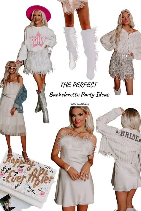 Bachelorette party outfit inspiration. If you are plannig a bachelorette party and aren’t sure what to wear, click here! Its a list of amazing outfit ideas for bachelorette parties of all types. Winter Bachelorette Party Outfit, Bachelorette Party Outfit Ideas, White Lace Dress Long, Outfit Ideas 2023, Fringe Romper, Party Jeans, Sequin Wrap Dress, Party Outfit Ideas, Reception Dresses