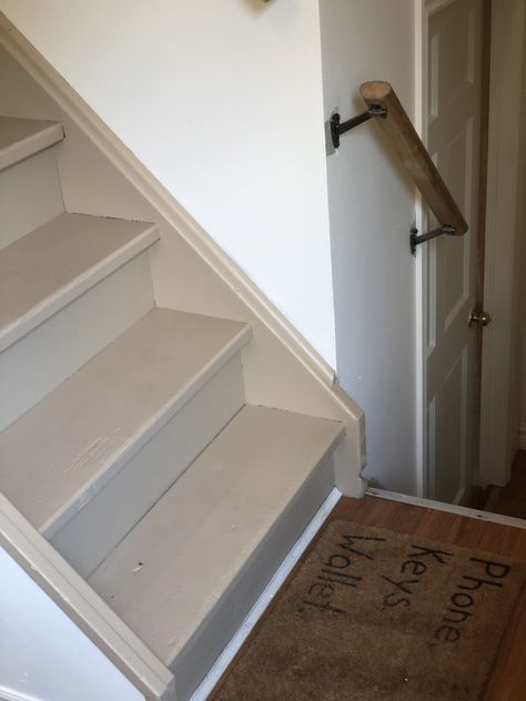 Beige Painted Stairs, Beige Stairs, Shaker Beige Benjamin Moore, Painted Wood Stairs, Painted Stair Railings, Shaker Beige, Tan Paint, Victorian Hallway, Taupe Paint