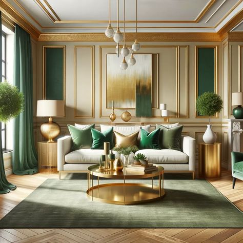 emerald green and gold living room Neutral And Emerald Living Room, Green White And Gold Living Room, Emerald And Gold Living Room, Green And Gold Living Room, Gold Interior Decor, Modern Green Living Room, Emerald Green Living Room, Olive Living Rooms, Emerald Green Decor