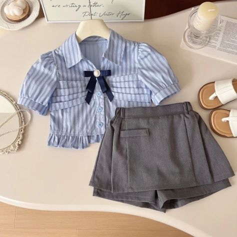 Just found this amazing item on AliExpress. Check it out! AU$29.70 | Girls Suits Summer Short Sleeve Striped Shirt+Shorts Fashion Korean Children Clothing Set Toddler Girl Clothes Two Piece Sets Kids Uniform, Kids Formal Dresses, Toddler Girl Clothes, Outfit Short, Kids Uniforms, Kids Blouse, Kids Ootd, Cute Dress Outfits