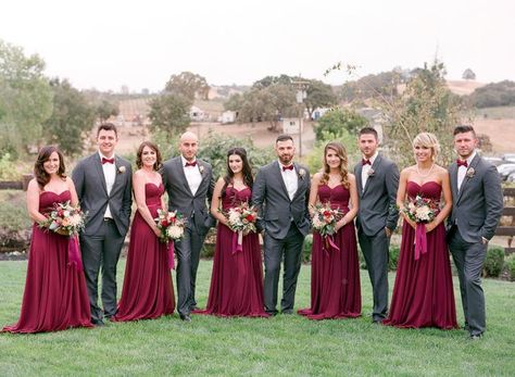 Burgundy bridesmaids and grey groomsmen - stylish! Dark Grey Groomsmen, Burgundy Weddings, Burgundy Wedding Theme, Wine Bridesmaid Dresses, Groomsmen Grey, Groomsmen Outfits, Maroon Wedding, Burgundy Bridesmaid, Gray Wedding