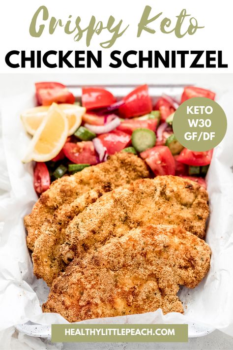 My Crispy Keto Chicken Schnitzel is a super easy recipe that can be whipped up on the stove or air fryer. Super crispy and each chicken breast is only 5 NET carbs! Whole30, Keto, Paleo and Gluten Free. #chickenschnitzel #ketochickenrecipes #cleanketo #whole30 #paleo #glutenfree #healthycomfortfood #healthyrecipes #chickenrecipes Schnitzel Recipes, Chicken Schnitzel, Whole30 Keto, Chicken With Olives, Best Keto Diet, Keto Paleo, Super Easy Recipes, Keto Chicken, Net Carbs