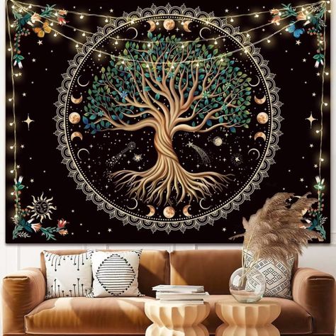 This tapestry brings a decorative beauty to a wall, bed, or sofa. Perfect for wall hangings, dorm decor, or that witchy, spiritual space Spiritual Tapestry, Aesthetic Wall Hanging, Tapestry Aesthetic, Tree Of Life Tapestry, Tapestry Nature, Flower Tapestry, Moon Tapestry, Boho Mandala, Hippie Tapestry