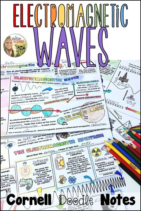 These Cornell Doodle Notes cover the background information of Electromagnetic Waves and the Electromagnetic Spectrum. They depict a model of the interacting electric and magnetic fields of an electromagnetic wave and provide a detailed visual of the 7 main types of electromagnetic waves on the Electromagnetic Spectrum. #electromagneticspectrum #EMwaves #physics #science #teachingscience #cornelldoodlenotes #doodlenotes Science Lettering, Cornell Doodle Notes, Note Taking Strategies, Electromagnetic Waves, Coloring Worksheet, Electromagnetic Spectrum, Doodle Notes, Science Notes, Electromagnetic Radiation