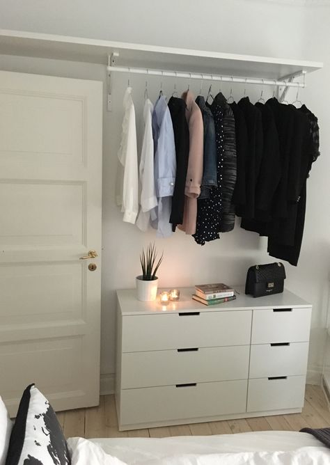 Scandinavian home, small bedroom idea for open closet #interior design Bedroom With No Closet Ideas Storage, Ikea Open Closet Ideas, Open Wardrobe Ideas Small Spaces Bedrooms, Small Bedroom With Wardrobe Layout, Ikea Nordli Closet, Small Room No Closet, Open Storage Bedroom, Small Ikea Bedroom Ideas, Closet In Bedroom Small Spaces