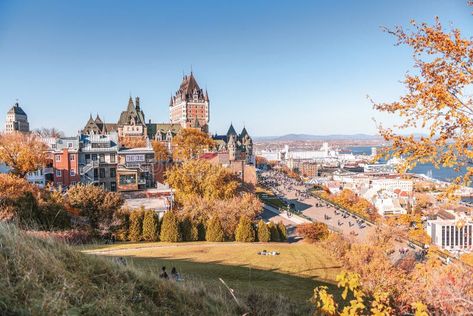 The Frontenac Castle Fairmount Hotel in the old Quebec city in Canada with autumn colors. royalty free stock photo Quebec City Aesthetic, Quebec City Summer, Old Quebec City, Quebec City Canada, Old Quebec, Summer City, City Landscape, Quebec City, Autumn Colors