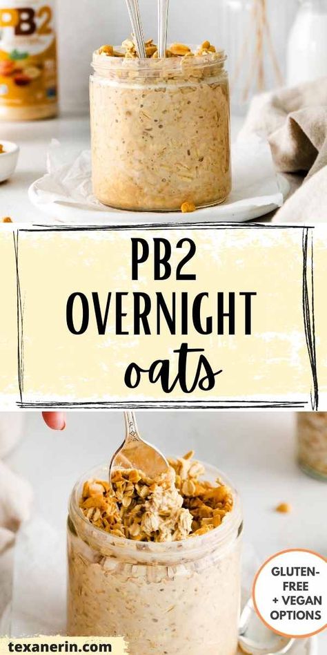 These PB2 overnight oats are the ultimate healthy breakfast. They call for just 5 basic ingredients and are the perfect hearty breakfast with added protein and flavor from peanut butter powder (or regular peanut butter). They’re also gluten-free with a vegan option. Protein Overnight Oats Pb2, Overnight Oats Pb Banana, Pb2 Oatmeal Recipes, Smoothie With Pb2, Fit Pb Recipes, Overnight Oats With Powder Peanut Butter, Pb And Banana Overnight Oats, 2b Mindset Overnight Oats, Peanut Butter Cookie Overnight Oats