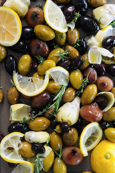 Lemon & Herb Roasted Olives image Caprese Salad Bites, Olive Recipes Appetizers, Salad Bites, Baked Olives, Roasted Olives, Marinated Olives, Olive Recipes, Mini Sandwiches, Lemon Herb