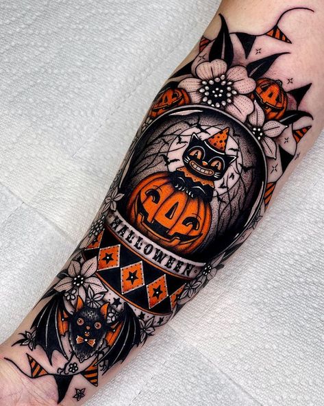 Halloween Snow Globe 🎃🔮 Johanna Parker Inspired Cat & Pumpkin . . . #blackworkers_tattoo #eternalink #darktattoo #allhallowseve… | Instagram Vintage Halloween Tattoo Sleeve, Spooky Cover Up Tattoos, Black And White Halloween Tattoos, Halloween Arm Tattoo, Halloween Snowglobe Tattoo, Pumpkin Cat Tattoo, Angelo Parente Tattoos, Feminine Halloween Tattoos, Vintage Halloween Tattoo Ideas