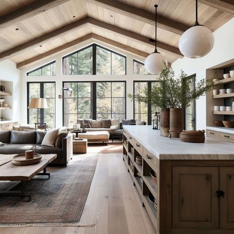 Modern Lodge Interior, Living Room With Loft, Open Concept Kitchen Living Room Layout, Transitional Architecture, Vaulted Ceiling Ideas, Cabin Build, Modern Cottage Style, Vaulted Ceiling Living Room, Exposed Rafters