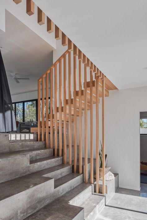 Aug 6, 2020 - We take a tour around a sleek new-build featuring clean lines and sophisticated style with architect The Artificial. Simple design executed to perfection. Wooden Staircase Railing, Staircase Railing Design, Stair Design, Stairs Design Interior, Stair Rail, Oak Stairs, Wood And Concrete, Concrete Stairs, Stairs Architecture