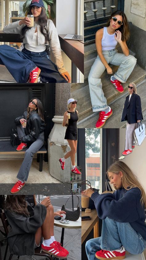 Red Gazelle, Red Sneakers Outfit, Red Sneakers, Red Outfit, Sneakers Outfit, Casual Fashion, Cute Outfits, Sneakers, Red