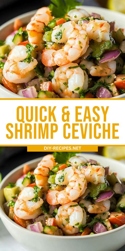 Whip up this quick and easy Shrimp Ceviche for your next gathering! Fresh, zesty, and served with tortilla chips – it’s a guaranteed hit. Recipe For Shrimp Tacos, Easy Shrimp Ceviche Recipe, Easy Shrimp Ceviche, Ceviche Shrimp, Shrimp Snacks, Shrimp Ceviche Recipe, Ceviche Recipe, Shrimp Appetizers, Shrimp Ceviche