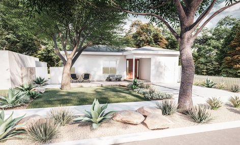 Front Garden Bungalow, Pebbles Front Yard Landscaping, Front Yard Landscaping Desert Design, Sloped Front Yard Landscaping With Rocks, Coastal Desert Landscape, Modern Scandinavian Backyard, Modern Landscape Plants, Small Grass Area Ideas Front Yard, Yards With No Grass Ideas