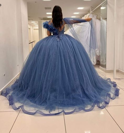 Blue Quince Dresses With Sleeves, Dusty Blue Quince Dress, Blue Grey Quinceanera Dresses, Periwinkle Quinceanera Dress, Quincenera Dresses Blue, Dusty Blue Quinceanera Dresses, Grey Quince Dresses, Sweet 16 Dresses Blue, Sweet 16 Cinderella Theme