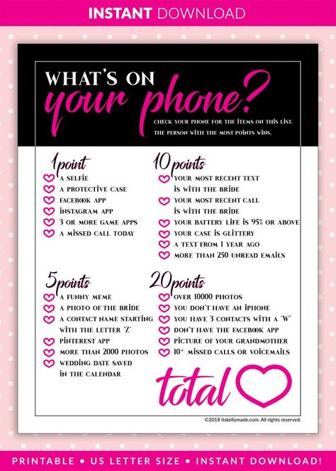 What's on your PHONE Bachelorette Party Game INSTANT | Etsy Pure Romance Games, Pure Romance Consultant Business, Pure Romance Party, Bachelorette Party Game, Pure Romance Consultant, Paparazzi Party, Awesome Bachelorette Party, Funny Printables, Girls Night Party