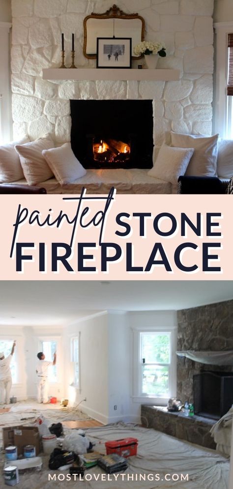 Painted Large Stone Fireplace, White Rock Fireplace With Mantle, Renovate Stone Fireplace, Painted White Rock Fireplace, Painting Stone Fireplaces, Moss Rock Fireplace Makeover, Decorating A Stone Fireplace, Stone Fireplace Painting Ideas, Fireplace Painting Ideas Stone