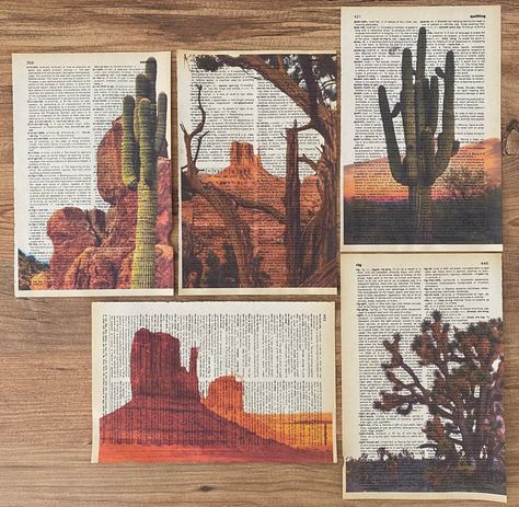 Set of 6 frameless Arizona Desert print on vintage dictionary page. Our vintage dictionary prints are made using pages from ancient dictionaries and other old books that are at least 50 years old, providing a one-of-a-kind canvas for beautiful and artistic displays. Each print is carefully crafted using high quality printing methods to ensure the image is crisp and clear. From floral designs to vintage maps, we offer a wide variety of prints to choose from, all with a vintage feel that will tran Arizona Modern Decor, Arizona Wall Art, Arizona Themed Bedroom, Arizona Aesthetic Decor, Arizona Landscape Design, Arizona Home Decor, Arizona Artwork, Arizona Design, Cactus Home Decor