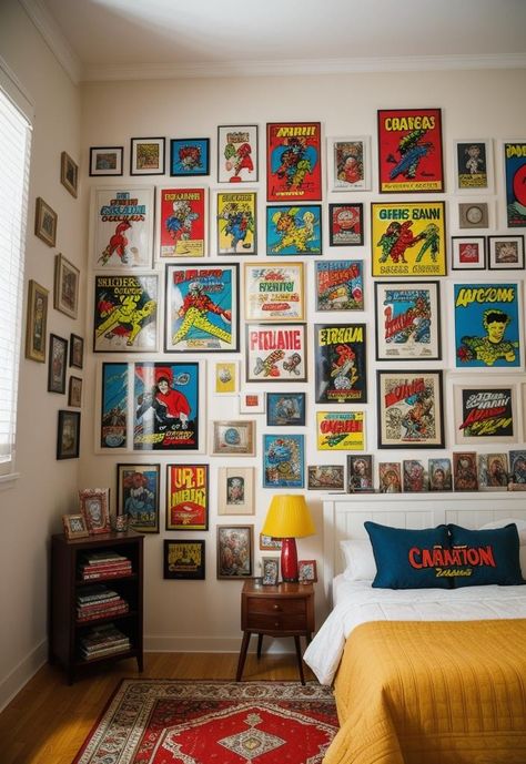 Pop Culture Decor Interior Design, Geek Interior Design, Comic Book Decor, Pop Culture Decor, Pop Culture Bedroom, Vintage Room Ideas Retro, Geek Living Room, Comic Bedroom, Comic Book Bedroom