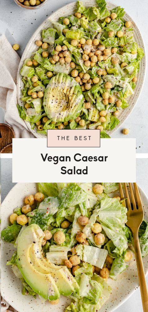 Fresh & delicious vegan caesar salad made with crisp romaine lettuce, crunchy roasted chickpeas, creamy avocado and the best vegan caesar dressing. This simple vegan caesar salad recipe is the perfect lunch on its own and makes a wonderful side for your favorite main dishes! Vegan Caesar Dressing, Vegan Caesar Salad, Vegan Caesar, Caesar Salad Recipe, Vegan Salad Recipes, Caesar Dressing, Roasted Chickpeas, Vegan Salad, Romaine Lettuce