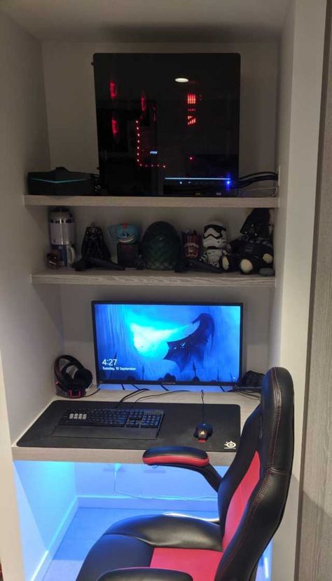 New apartment new gaming nook. Small Closet Gaming Setup, Gaming Closet Setup, Small Gaming Area In Bedroom, Compact Gaming Setup, Small Gaming Corner Ideas, Tiny Gaming Setup, Gaming Nook Small Spaces, Gaming Cupboard, Small Gaming Desk Setup