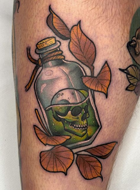 Small Neo Traditional Tattoo, 500 Tattoo, Trad Tattoos, Bright Tattoos, Poison Bottle, Petit Tattoo, Bottle Tattoo, Cool Forearm Tattoos, Tattoo Care