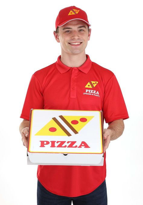 PRICES MAY VARY. Size: Large 100% polyester shirt and hat Stretchy jersey knit fabric shirt has button closure, printed graphics on front and back Hat has embroidered pizza on front, metal slide through closure on back Cardboard pizza box has printed pizza graphics Embark on a delicious adventure this festive season with the Pizza Delivery Guy Adult Costume with Box, exclusively made by us! Transform into the unsung hero who's always been there during late-night cravings or movie marathons. Whet Pizza Chef Costume, Pizza Delivery Costume, Pizza Outfit, Delivery Outfit, Pizza Hut Delivery, Pizza Project, Fast Pizza, Pizza Delivery Man, Delivery Boy